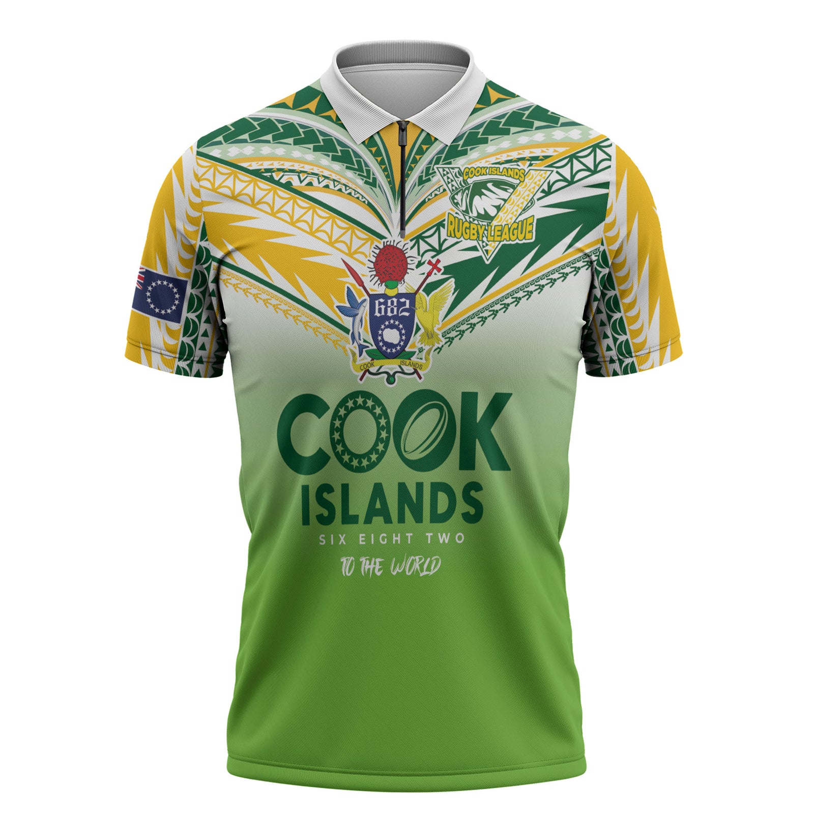 Cook Islands Rugby Zipper Polo Shirt Six Eight Two to The World - Tatau Tribal Motif