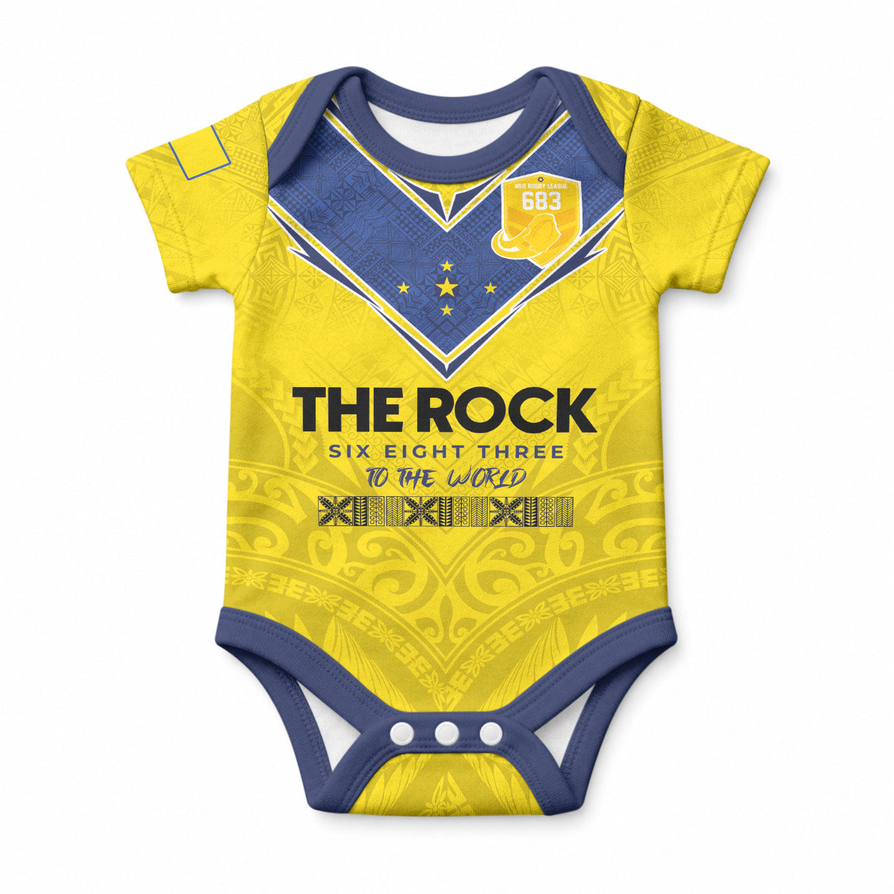 Niue Rugby Custom Baby Onesie Six Eight Three to The World - Hiapo Tribal Motif LT03 Multicolor - Polynesian Pride