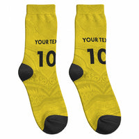 Niue Rugby Custom Crew Socks Six Eight Three to The World - Hiapo Tribal Motif LT03 - Polynesian Pride