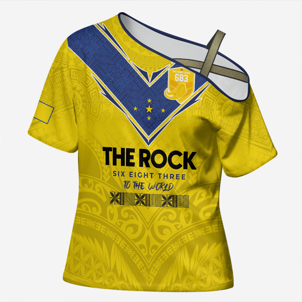 Niue Rugby Custom Cross Shoulder Shirt Six Eight Three to The World - Hiapo Tribal Motif