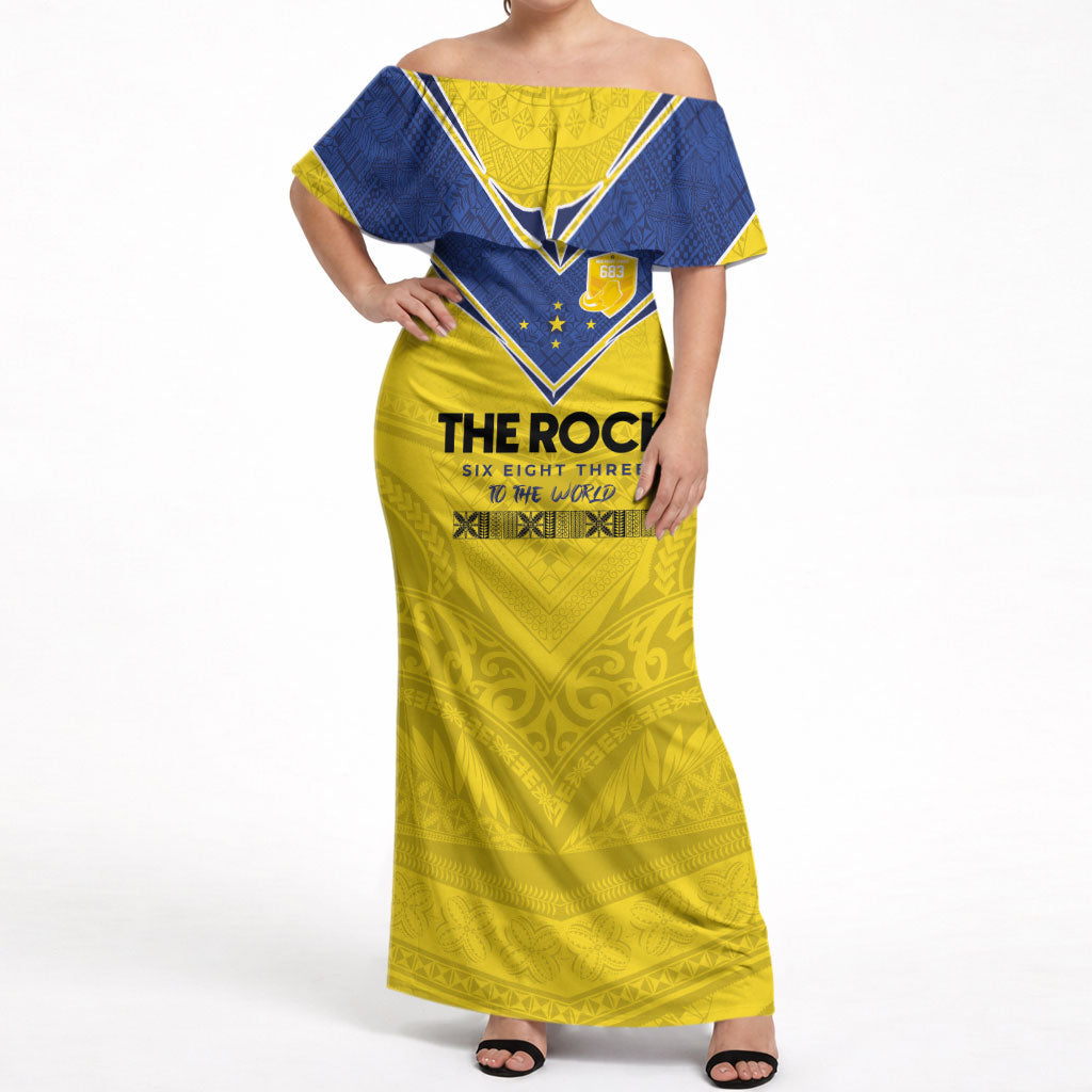 Niue Rugby Custom Off Shoulder Maxi Dress Six Eight Three to The World - Hiapo Tribal Motif LT03 Women Multicolor - Polynesian Pride