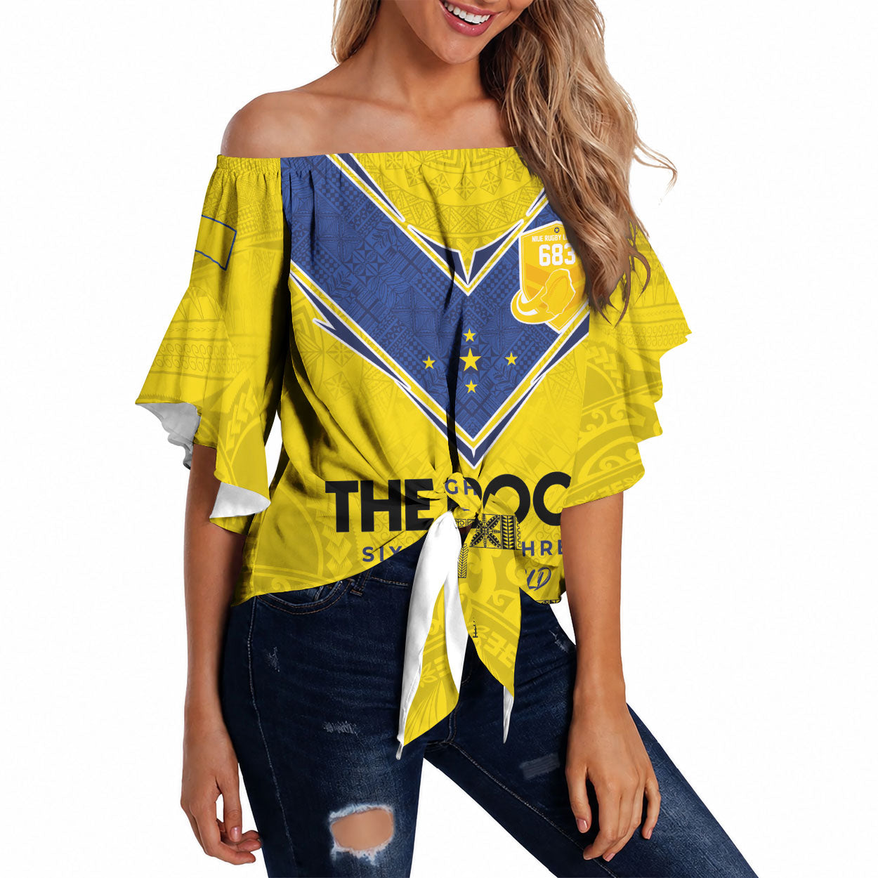 Niue Rugby Custom Off Shoulder Wrap Waist Top Six Eight Three to The World - Hiapo Tribal Motif LT03 Multicolor - Polynesian Pride