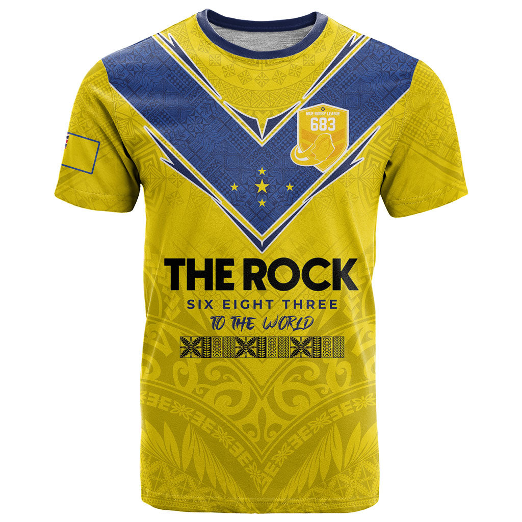 Niue Rugby Custom T Shirt Six Eight Three to The World - Hiapo Tribal Motif