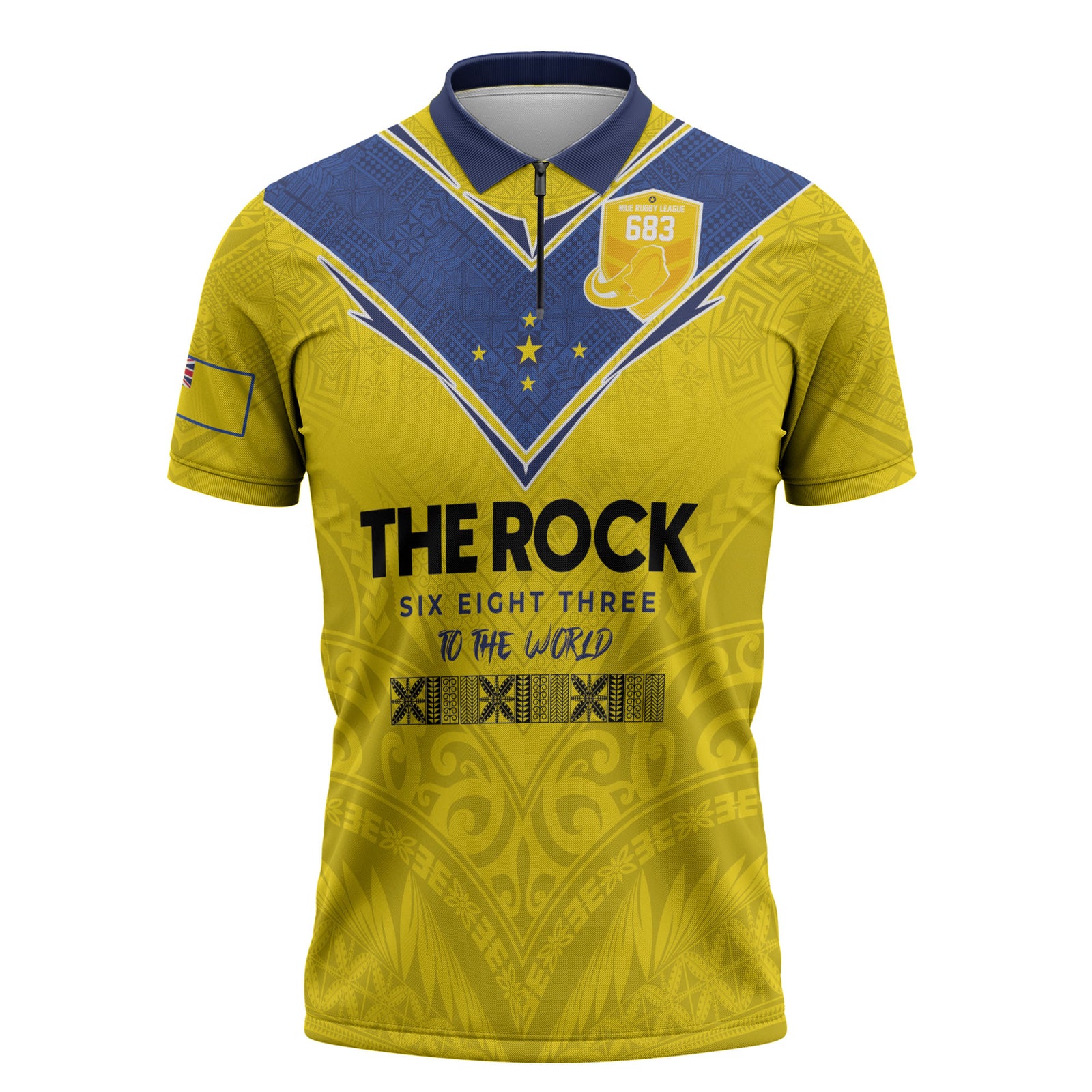 Niue Rugby Custom Zipper Polo Shirt Six Eight Three to The World - Hiapo Tribal Motif