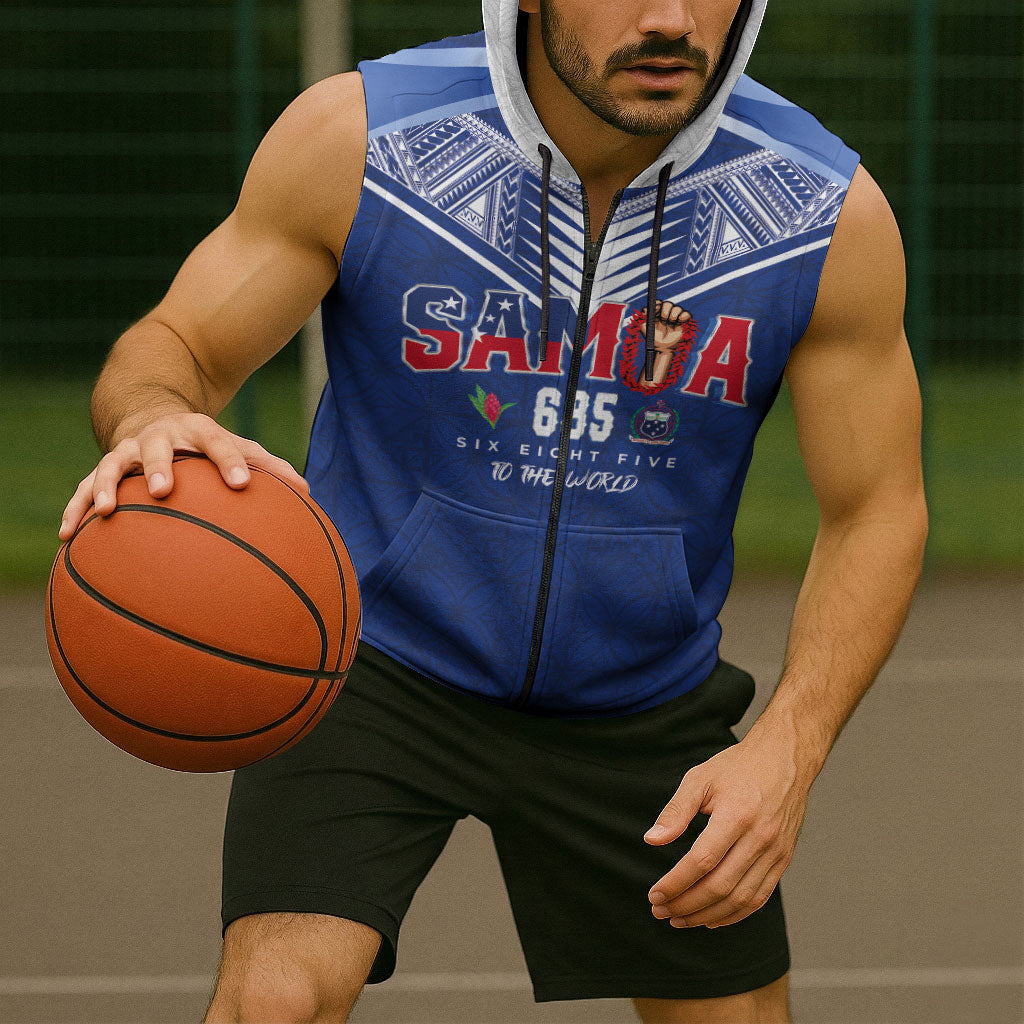 Samoa Rugby Custom Sleeveless Zip Hoodie Six Eight Five to The World - Pacific Motif LT03 - Polynesian Pride