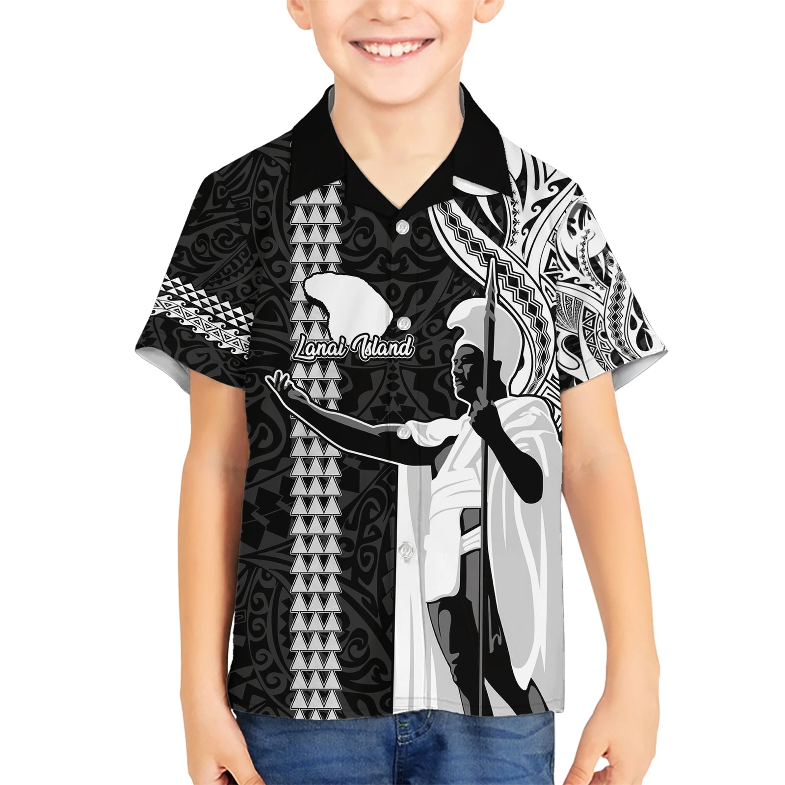 Hawaii Lanai Island Kid Hawaiian Shirt Hawaiian King and Kakau Symbols Abstract Shoulder Tattoo LT03 Kid Black - Polynesian Pride