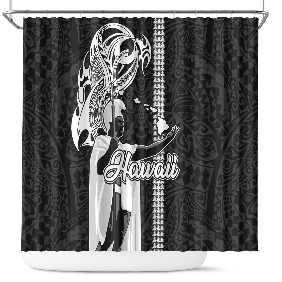 Hawaii Lanai Island Shower Curtain Hawaiian King and Kakau Symbols Abstract Shoulder Tattoo LT03 Black - Polynesian Pride