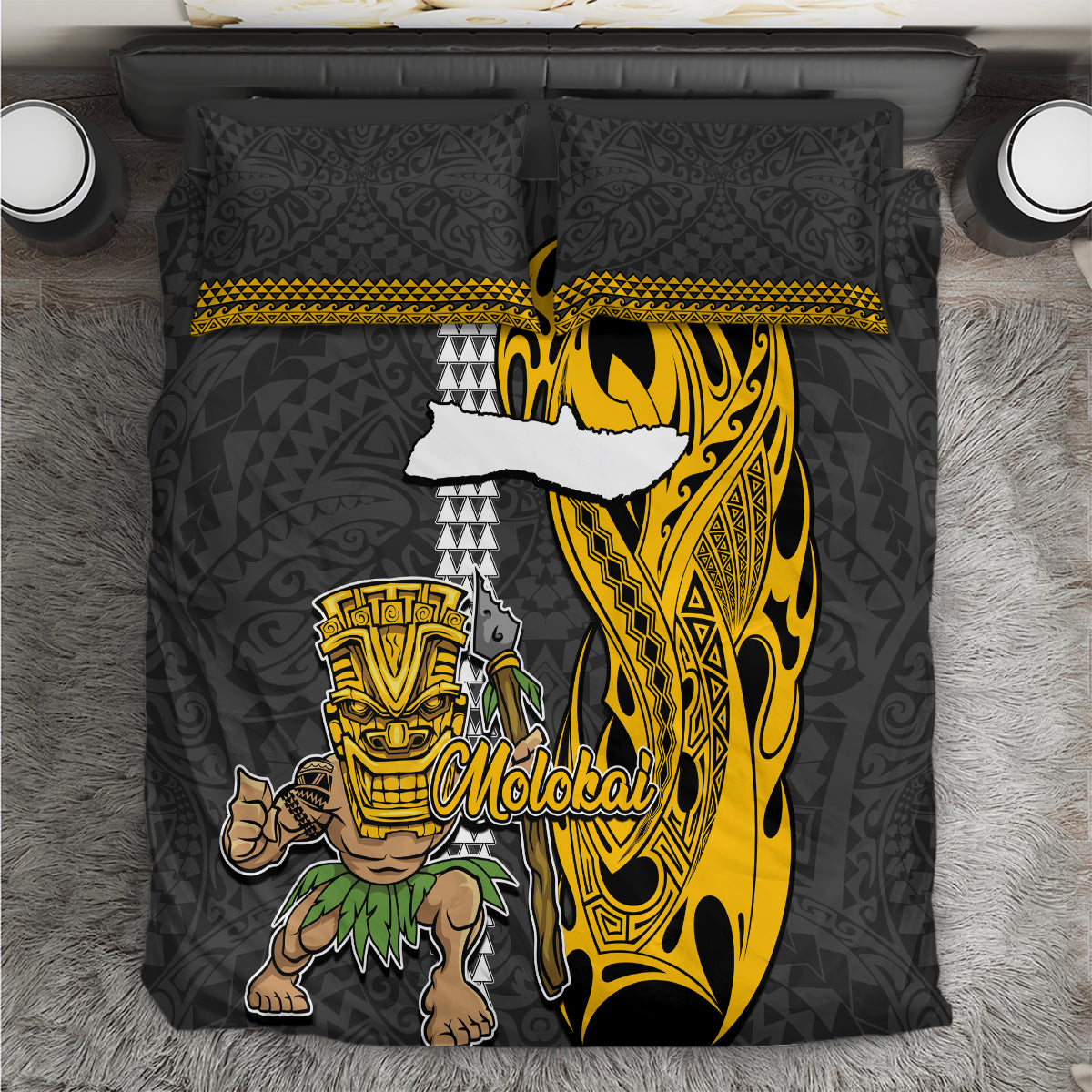 Hawaii Molokai Island Bedding Set Hawaiian Warrior and Kakau Symbols Abstract Tattoo LT03 Yellow - Polynesian Pride