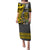 Hawaii Molokai Island Family Matching Puletasi Dress and Hawaiian Shirt Hawaiian Warrior and Kakau Symbols Abstract Tattoo LT03 Mom's Dress Yellow - Polynesian Pride