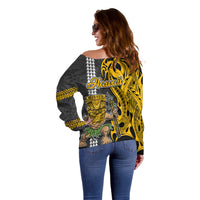 Hawaii Molokai Island Off Shoulder Sweater Hawaiian Warrior and Kakau Symbols Abstract Tattoo LT03 - Polynesian Pride