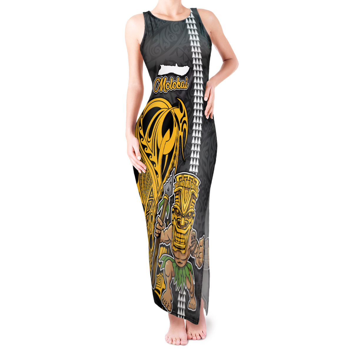 Hawaii Molokai Island Tank Maxi Dress Hawaiian Warrior and Kakau Symbols Abstract Tattoo LT03 Women Yellow - Polynesian Pride