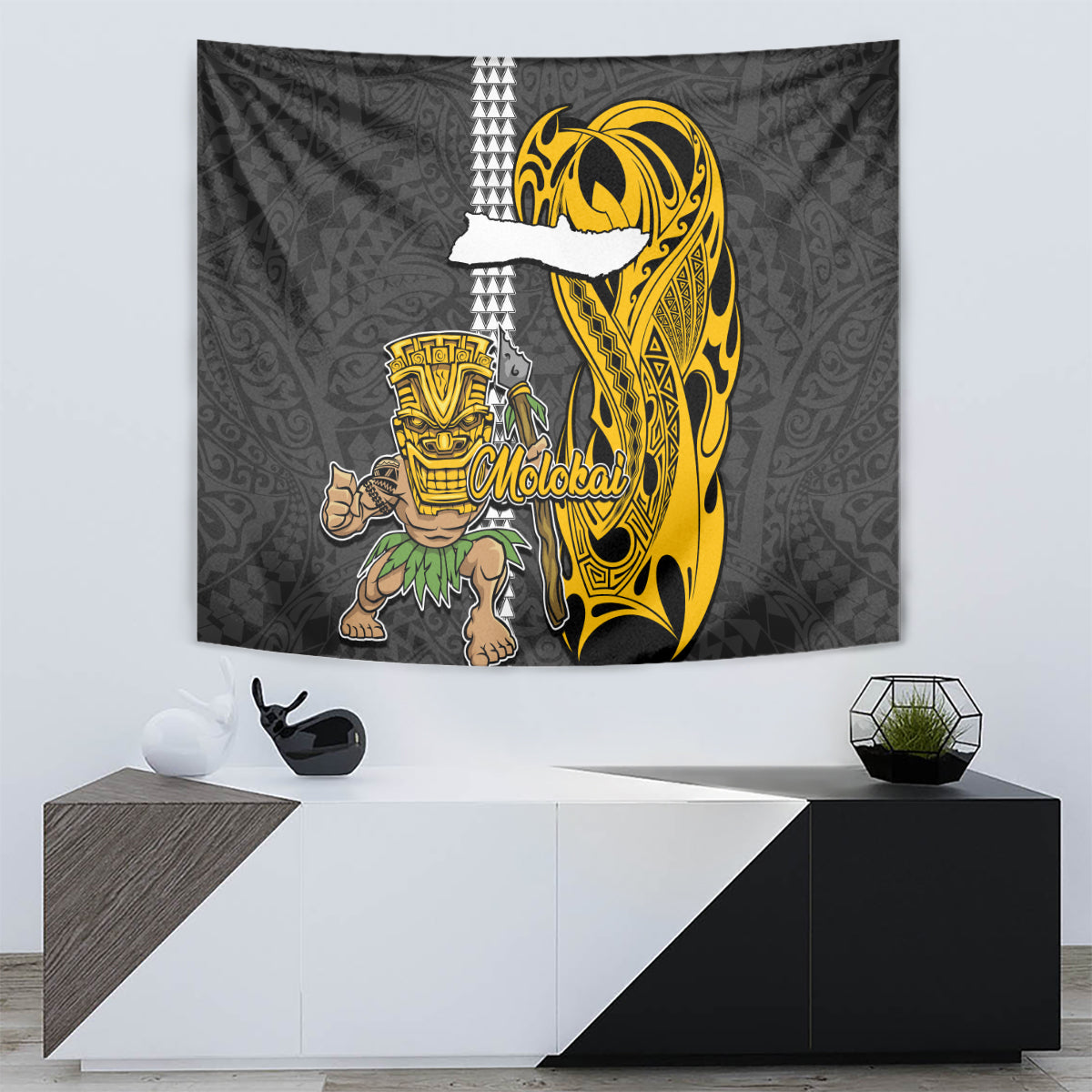 Hawaii Molokai Island Tapestry Hawaiian Warrior and Kakau Symbols Abstract Tattoo LT03 - Polynesian Pride