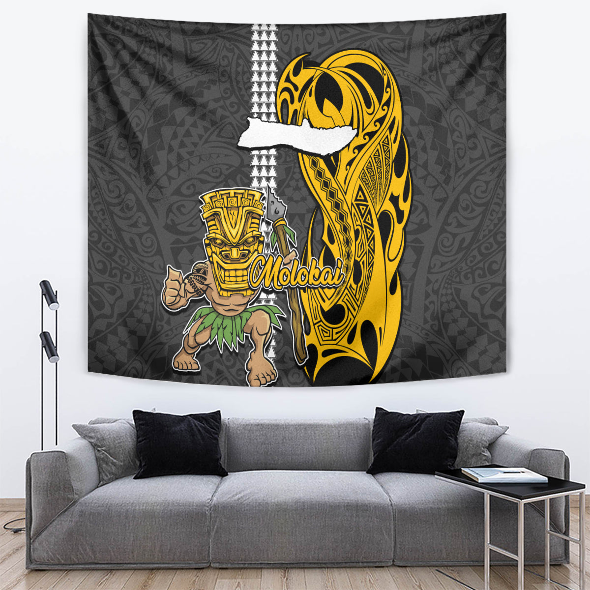 Hawaii Molokai Island Tapestry Hawaiian Warrior and Kakau Symbols Abstract Tattoo LT03 - Polynesian Pride