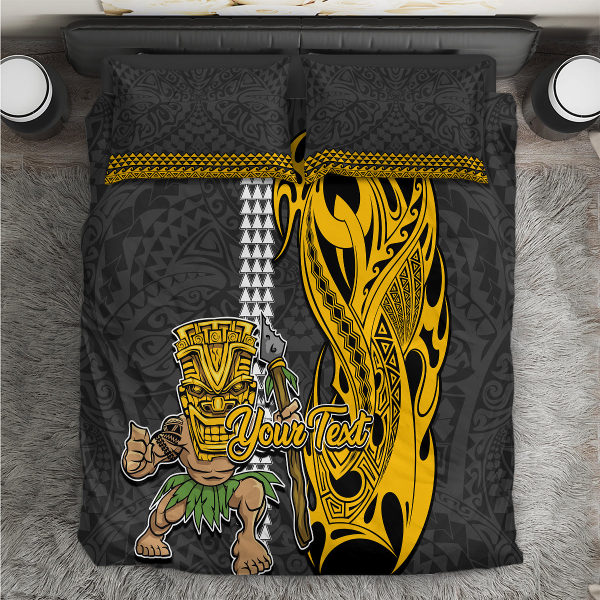 Custom Hawaii Molokai Island Bedding Set Hawaiian Warrior and Kakau Symbols Abstract Tattoo LT03 Yellow - Polynesian Pride