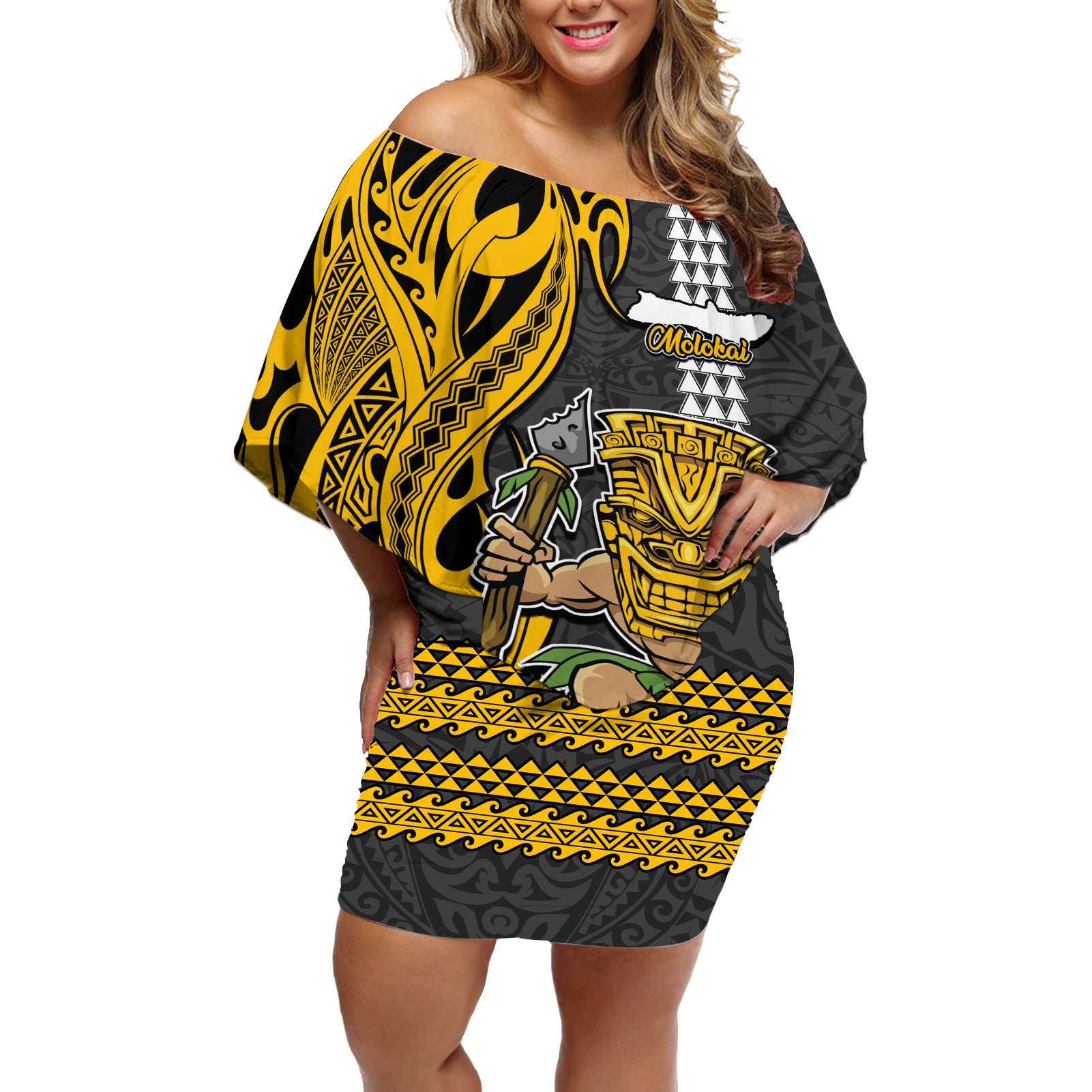 Custom Hawaii Molokai Island Off Shoulder Short Dress Hawaiian Warrior and Kakau Symbols Abstract Tattoo LT03 Women Yellow - Polynesian Pride