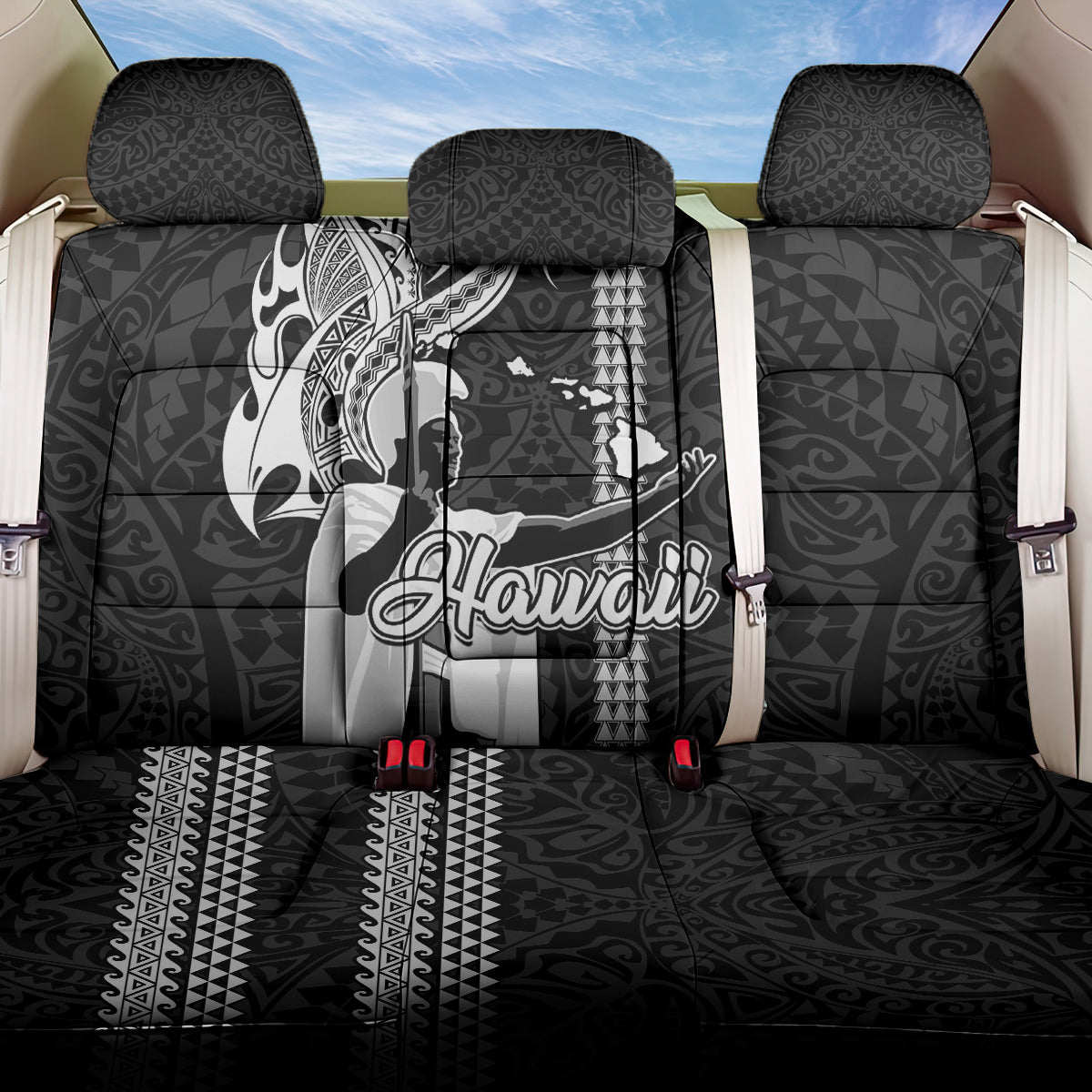 Hawaii Molokai Island Back Car Seat Cover Hawaiian King and Kakau Symbols Abstract Shoulder Tattoo LT03 One Size Black - Polynesian Pride