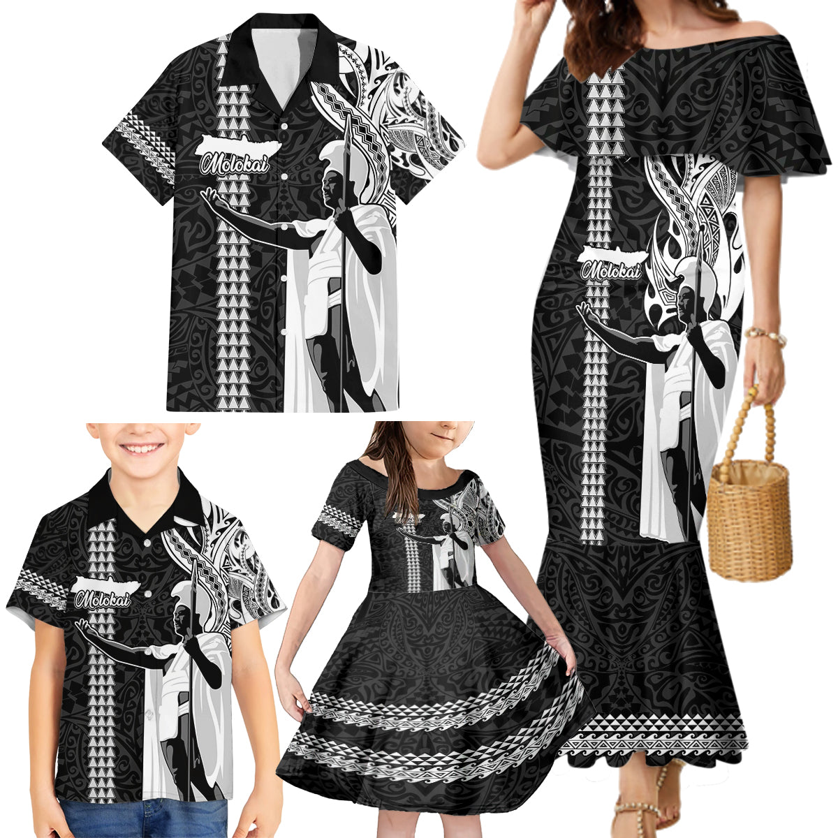 Hawaii Molokai Island Family Matching Mermaid Dress and Hawaiian Shirt Hawaiian King and Kakau Symbols Abstract Shoulder Tattoo LT03 - Polynesian Pride