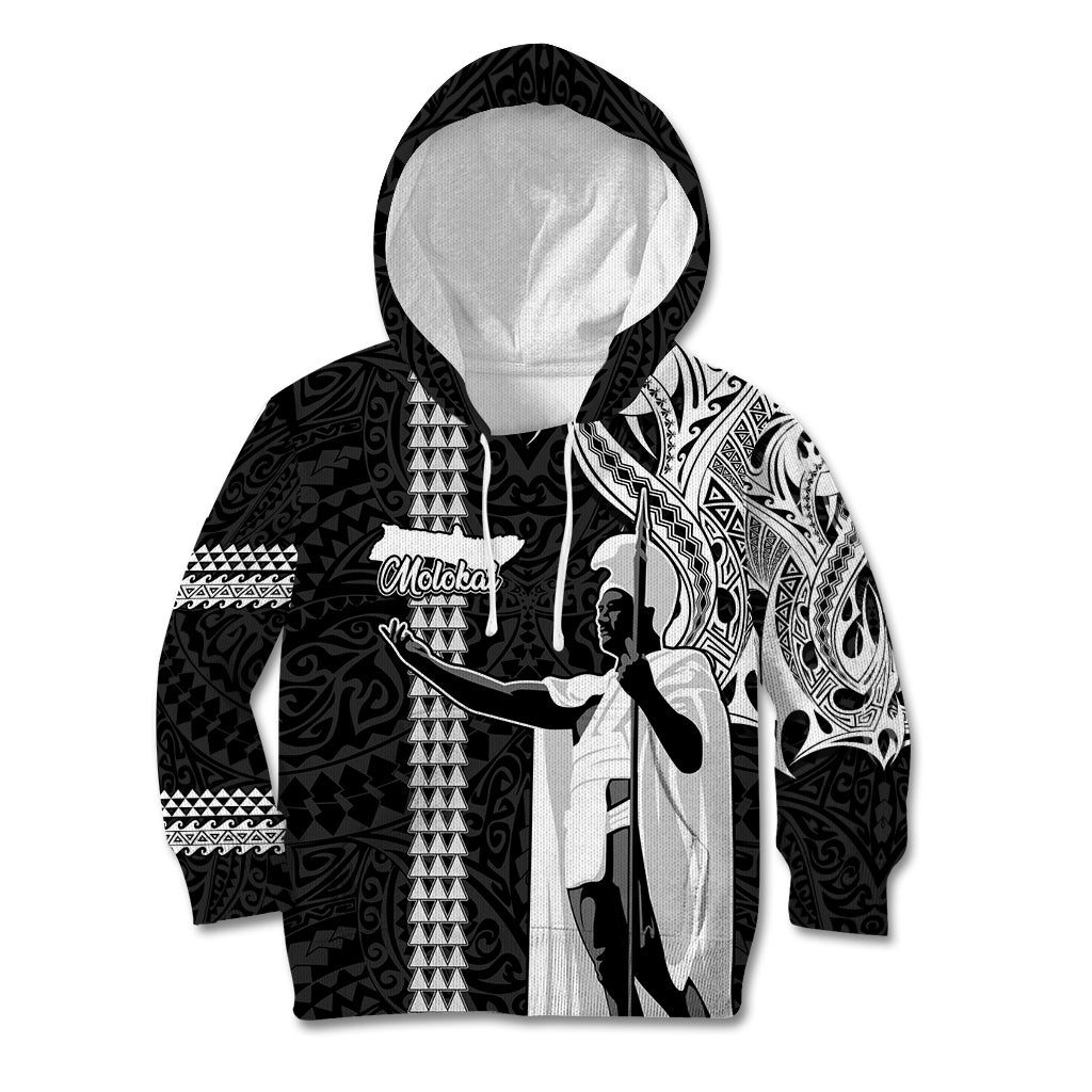 Hawaii Molokai Island Kid Hoodie Hawaiian King and Kakau Symbols Abstract Shoulder Tattoo LT03 Black - Polynesian Pride