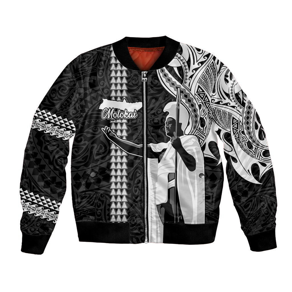Custom Hawaii Molokai Island Bomber Jacket Hawaiian King and Kakau Symbols Abstract Shoulder Tattoo LT03 Unisex Black - Polynesian Pride