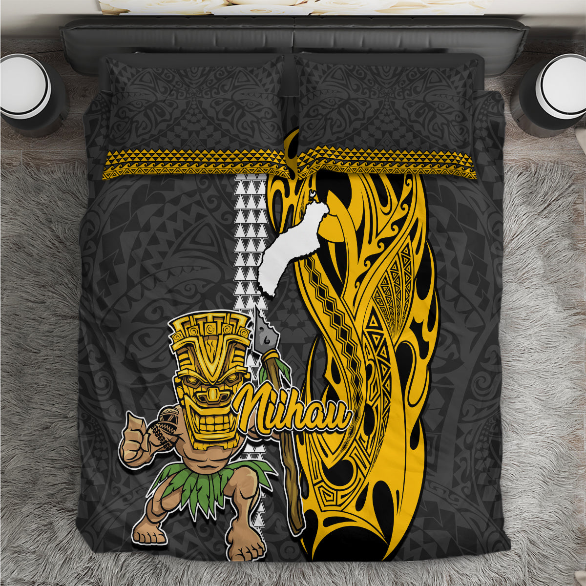 Hawaii Niihau Island Bedding Set Hawaiian Warrior and Kakau Symbols Abstract Tattoo LT03 Yellow - Polynesian Pride