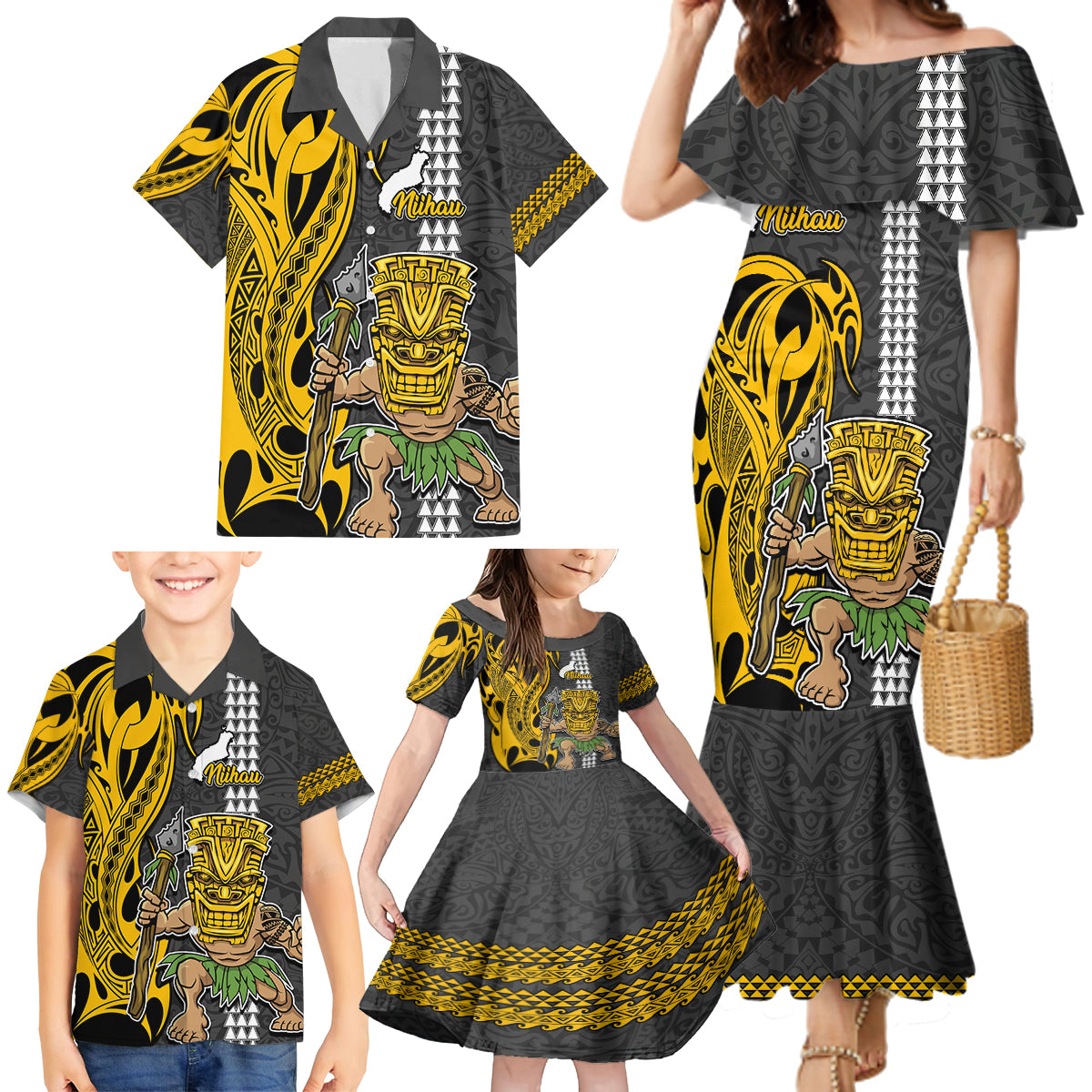 Hawaii Niihau Island Family Matching Mermaid Dress and Hawaiian Shirt Hawaiian Warrior and Kakau Symbols Abstract Tattoo LT03 - Polynesian Pride