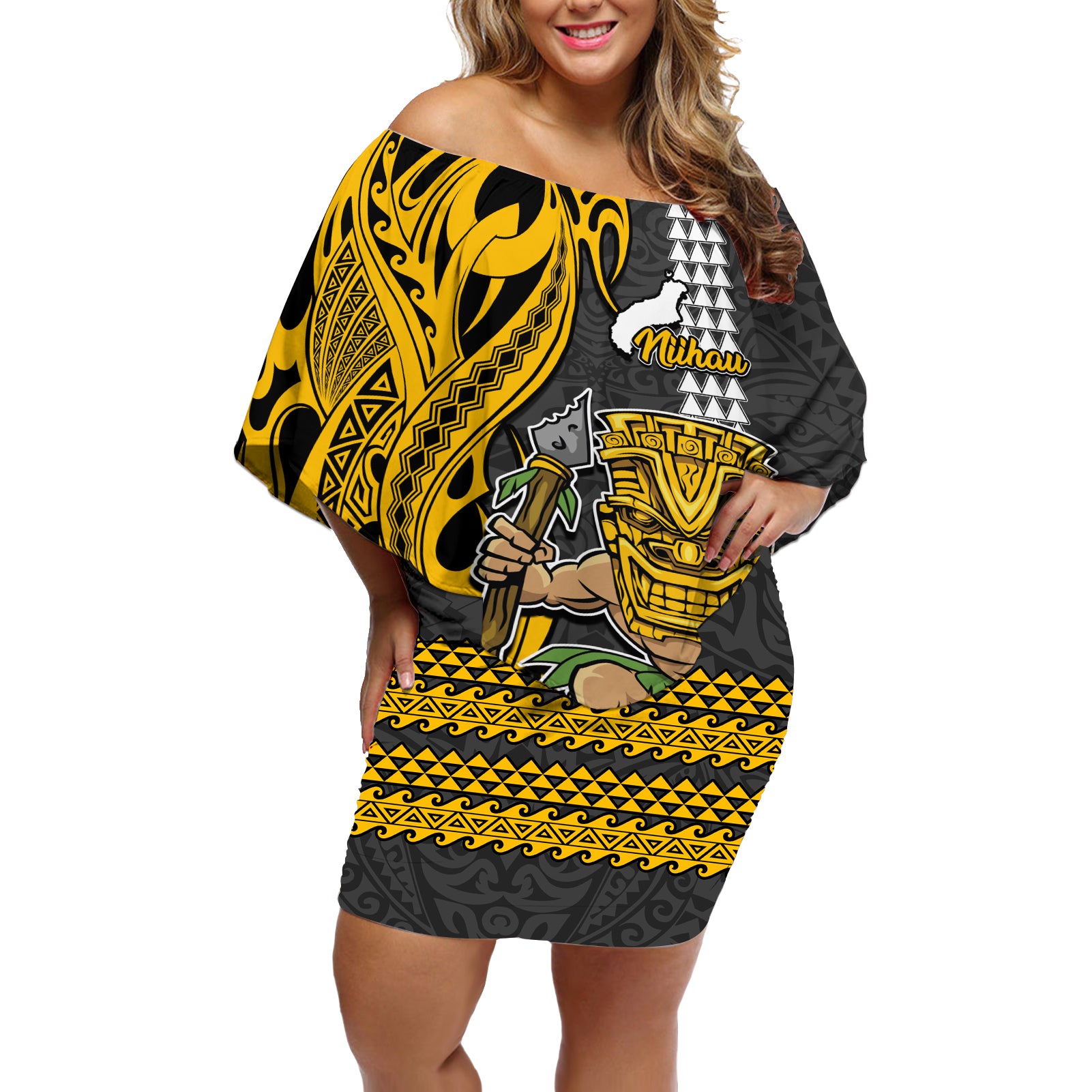 Hawaii Niihau Island Off Shoulder Short Dress Hawaiian Warrior and Kakau Symbols Abstract Tattoo LT03 Women Yellow - Polynesian Pride