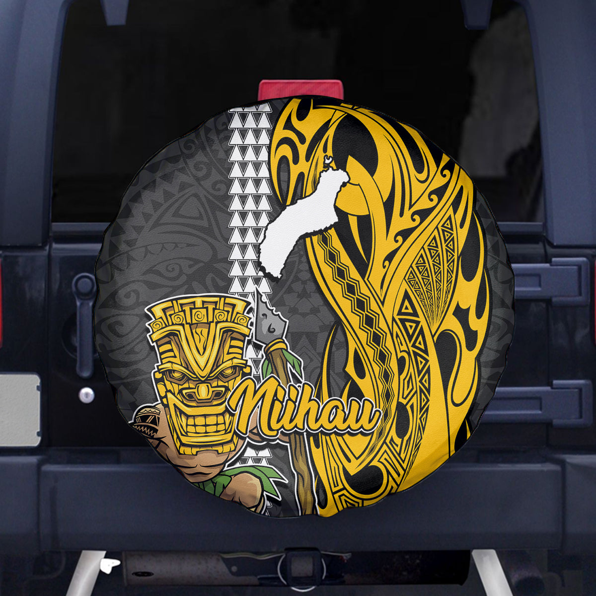 Hawaii Niihau Island Spare Tire Cover Hawaiian Warrior and Kakau Symbols Abstract Tattoo LT03 Yellow - Polynesian Pride