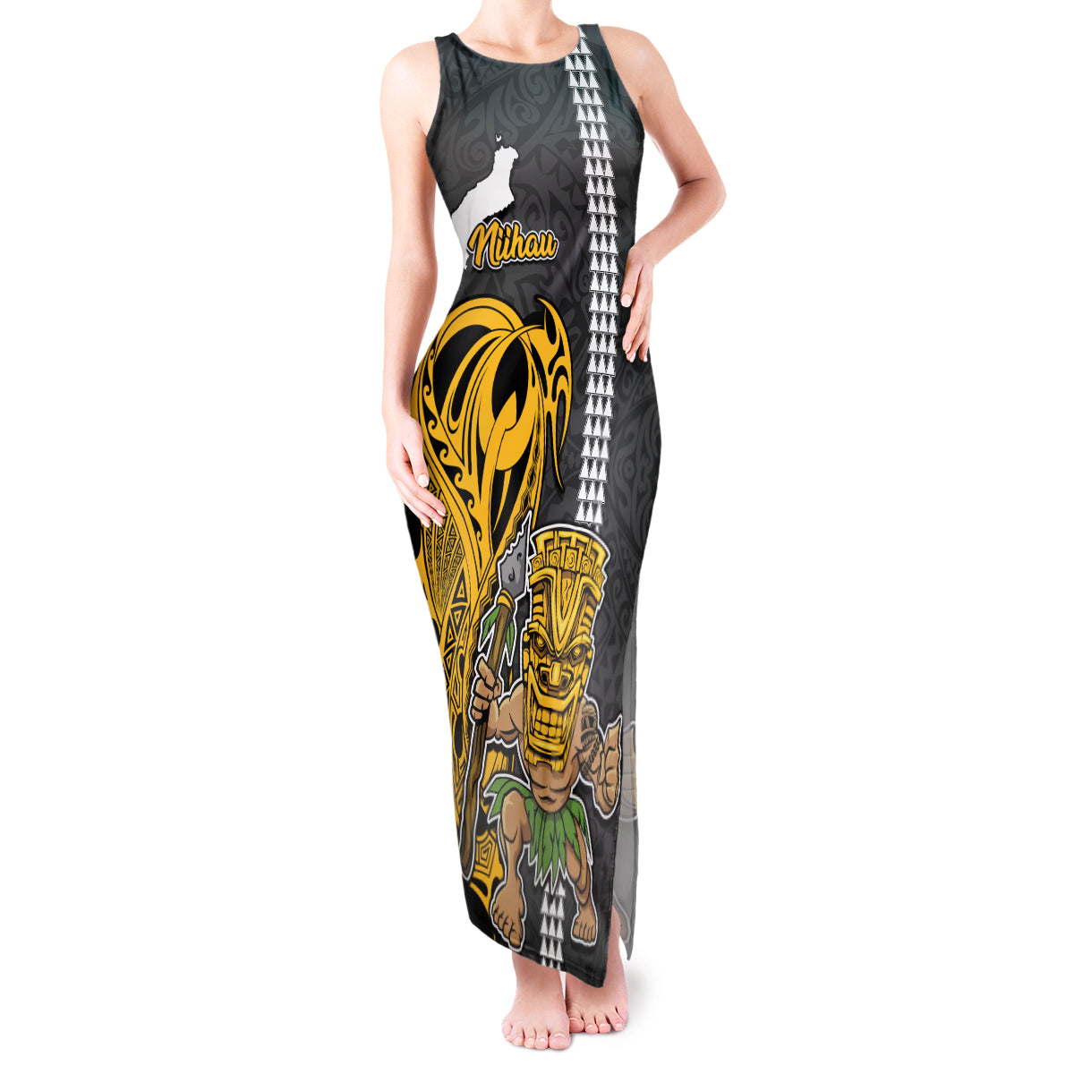 Hawaii Niihau Island Tank Maxi Dress Hawaiian Warrior and Kakau Symbols Abstract Tattoo LT03 Women Yellow - Polynesian Pride