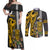 Custom Hawaii Niihau Island Couples Matching Off Shoulder Maxi Dress and Long Sleeve Button Shirts Hawaiian Warrior and Kakau Symbols Abstract Tattoo LT03 Yellow - Polynesian Pride