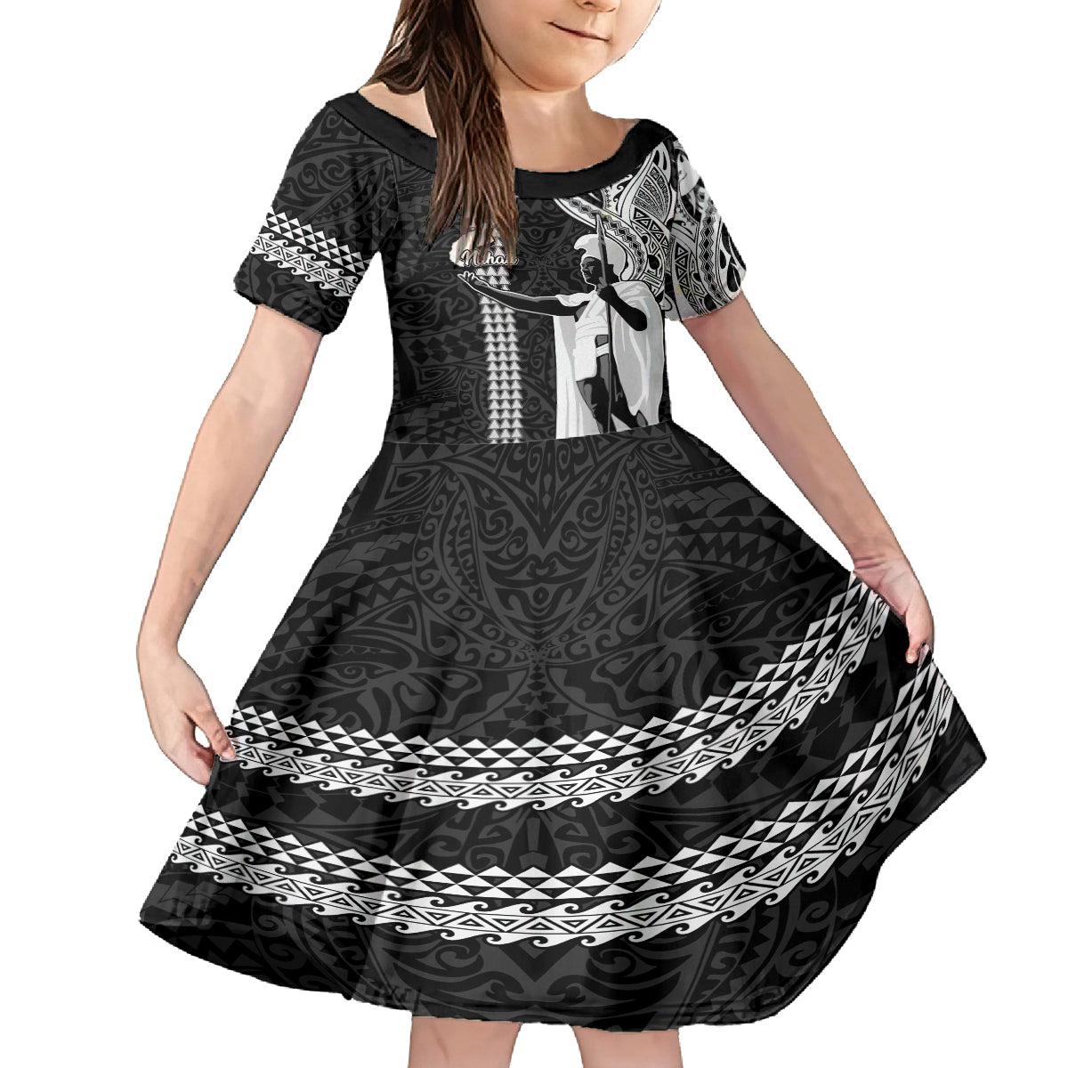 Hawaii Niihau Island Kid Short Sleeve Dress Hawaiian King and Kakau Symbols Abstract Shoulder Tattoo LT03 KID Black - Polynesian Pride