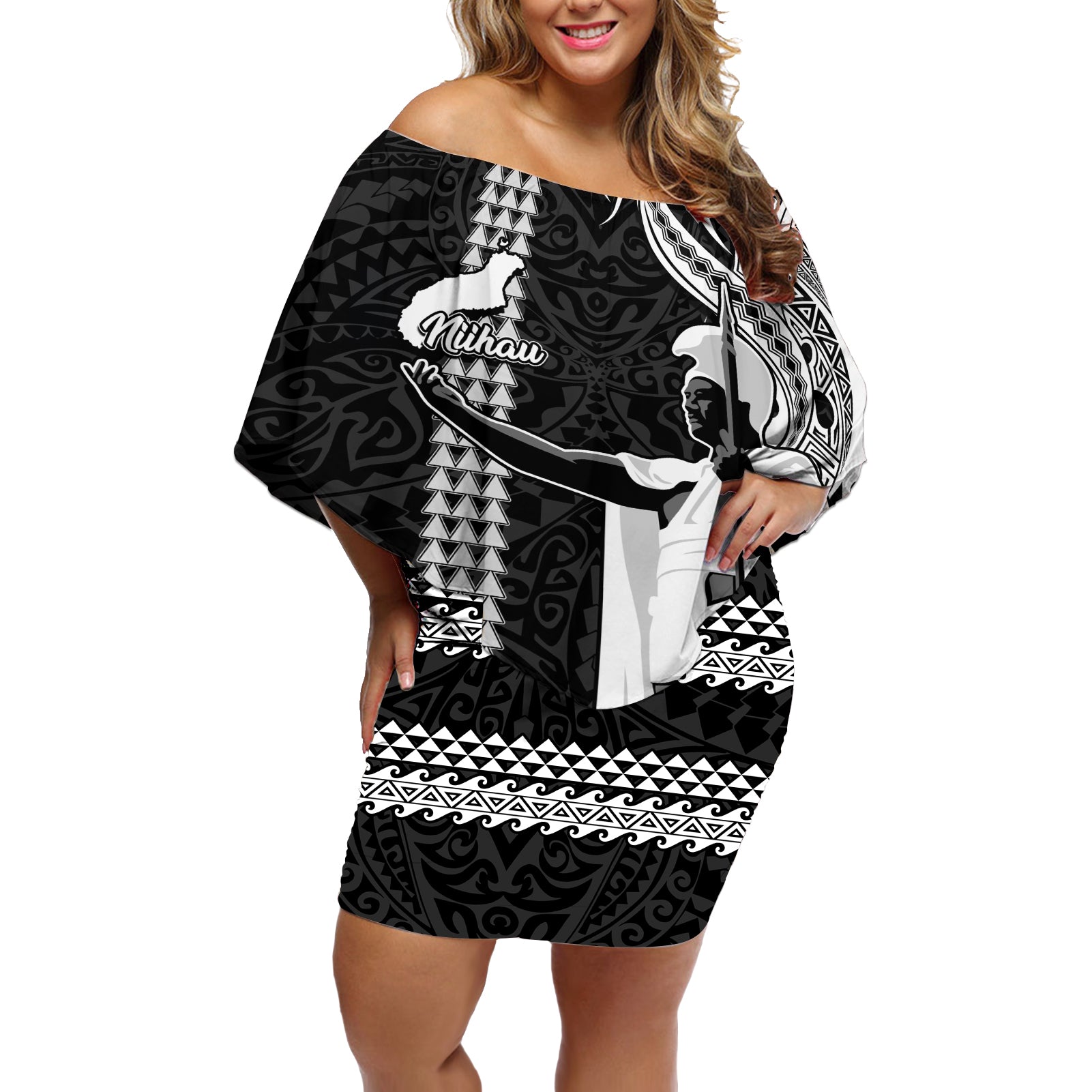 Hawaii Niihau Island Off Shoulder Short Dress Hawaiian King and Kakau Symbols Abstract Shoulder Tattoo LT03 Women Black - Polynesian Pride