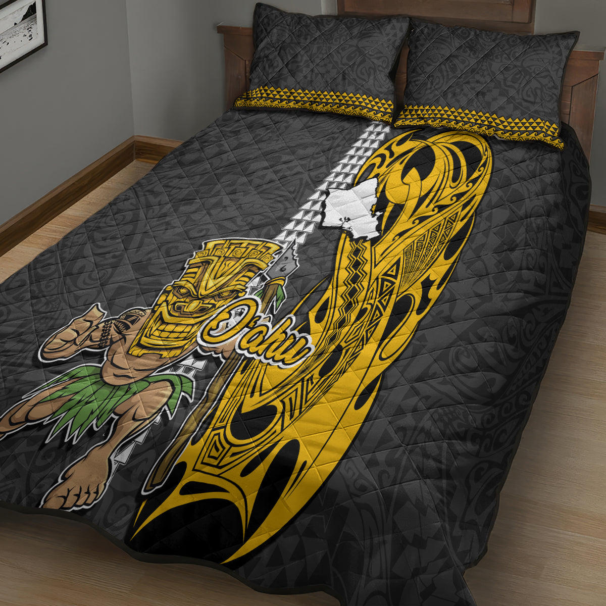Hawaii Oahu Island Quilt Bed Set Hawaiian Warrior and Kakau Symbols Abstract Tattoo LT03 - Polynesian Pride