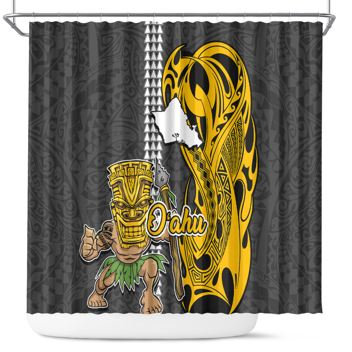 Hawaii Oahu Island Shower Curtain Hawaiian Warrior and Kakau Symbols Abstract Tattoo LT03 Yellow - Polynesian Pride