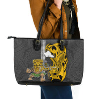 Custom Hawaii Oahu Island Leather Tote Bag Hawaiian Warrior and Kakau Symbols Abstract Tattoo LT03 - Polynesian Pride
