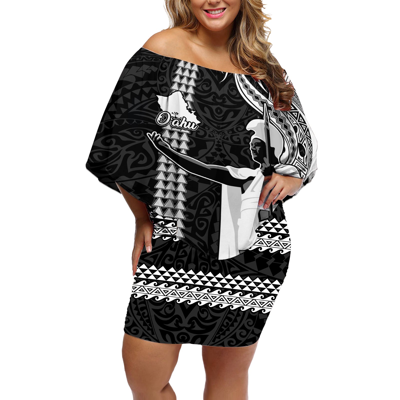 Hawaii Oahu Island Off Shoulder Short Dress Hawaiian King and Kakau Symbols Abstract Shoulder Tattoo LT03 Women Black - Polynesian Pride