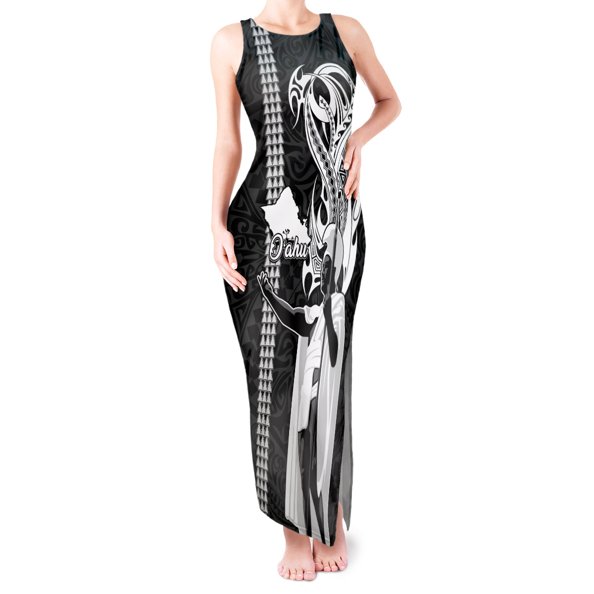 Hawaii Oahu Island Tank Maxi Dress Hawaiian King and Kakau Symbols Abstract Shoulder Tattoo LT03 Women Black - Polynesian Pride