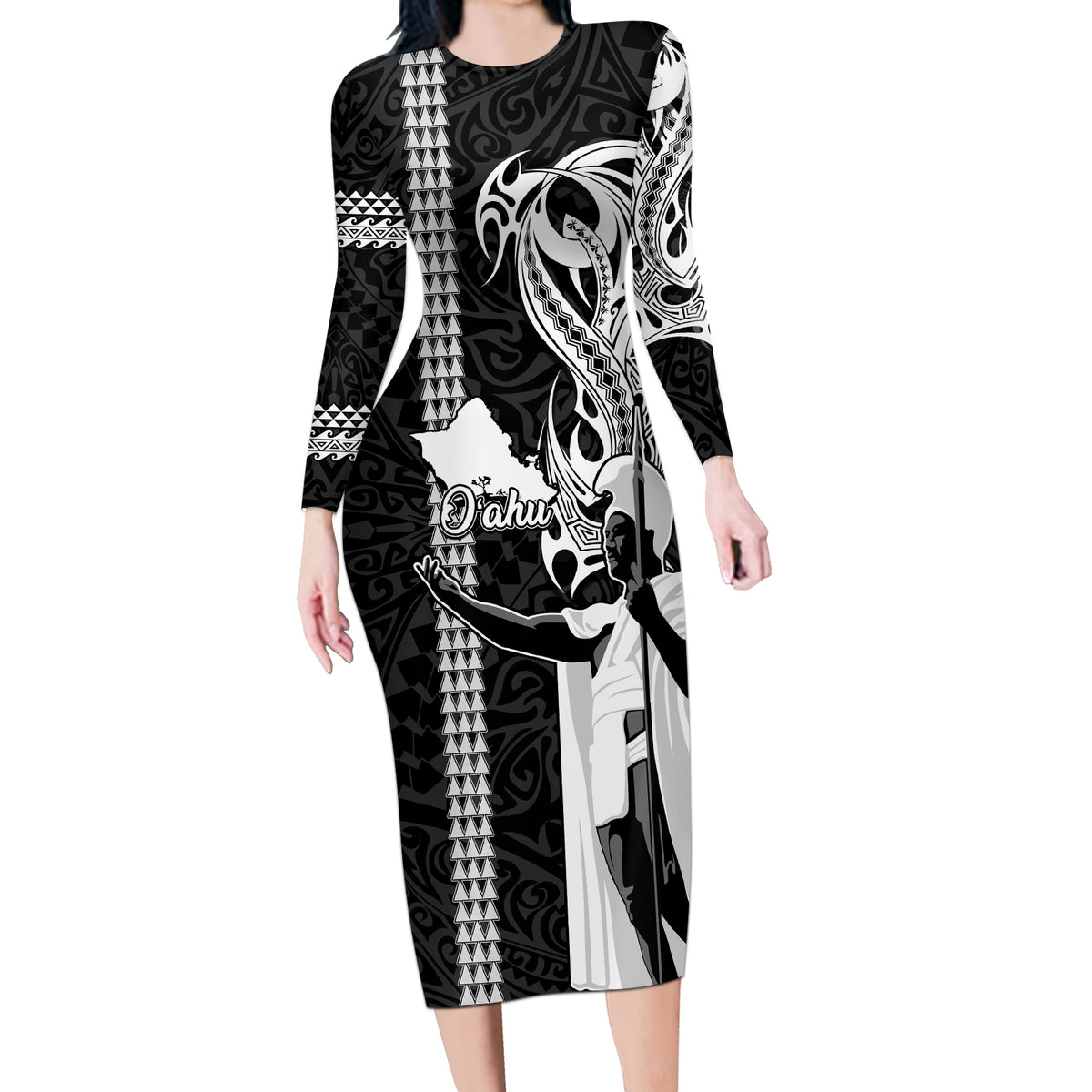 Custom Hawaii Oahu Island Long Sleeve Bodycon Dress Hawaiian King and