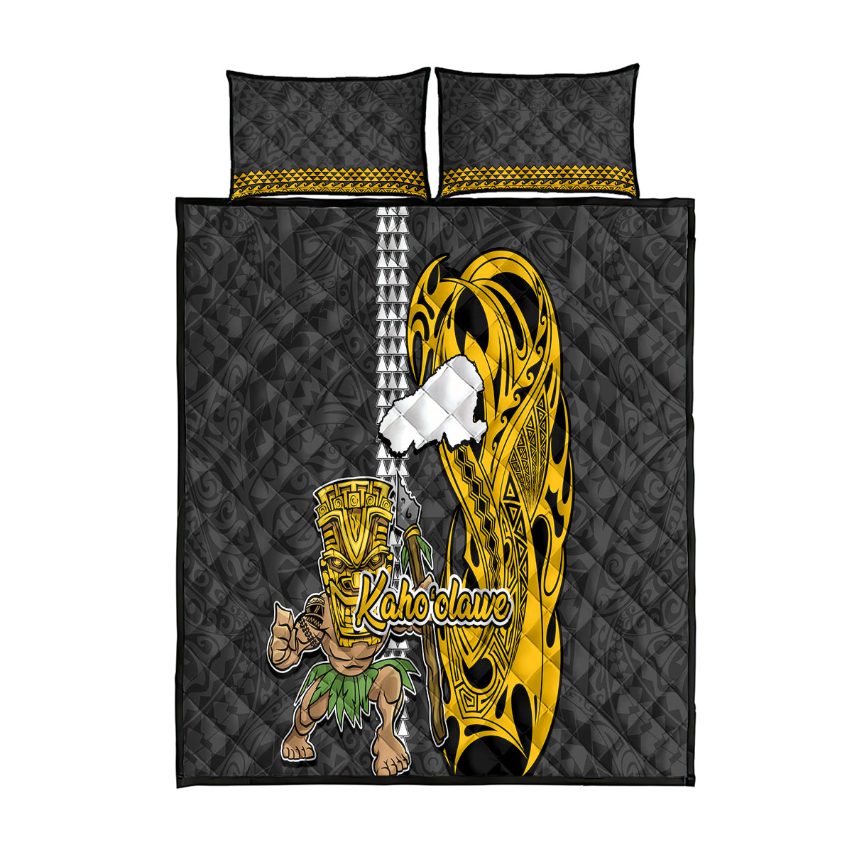 Hawaii Kahoolawe Island Quilt Bed Set Hawaiian Warrior and Kakau Symbols Abstract Tattoo LT03 Yellow - Polynesian Pride