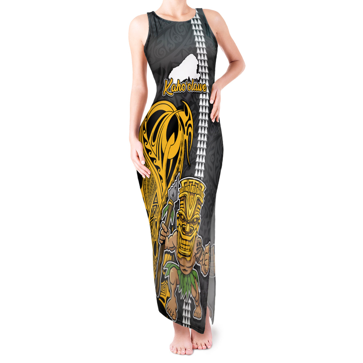 Hawaii Kahoolawe Island Tank Maxi Dress Hawaiian Warrior and Kakau Symbols Abstract Tattoo LT03 Women Yellow - Polynesian Pride