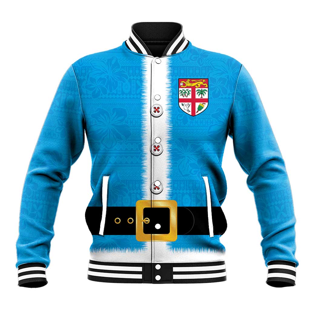 Fiji Merry Christmas Baseball Jacket Santa Suit Style With Tapa Tribal Pattern LT03 Unisex Blue - Polynesian Pride