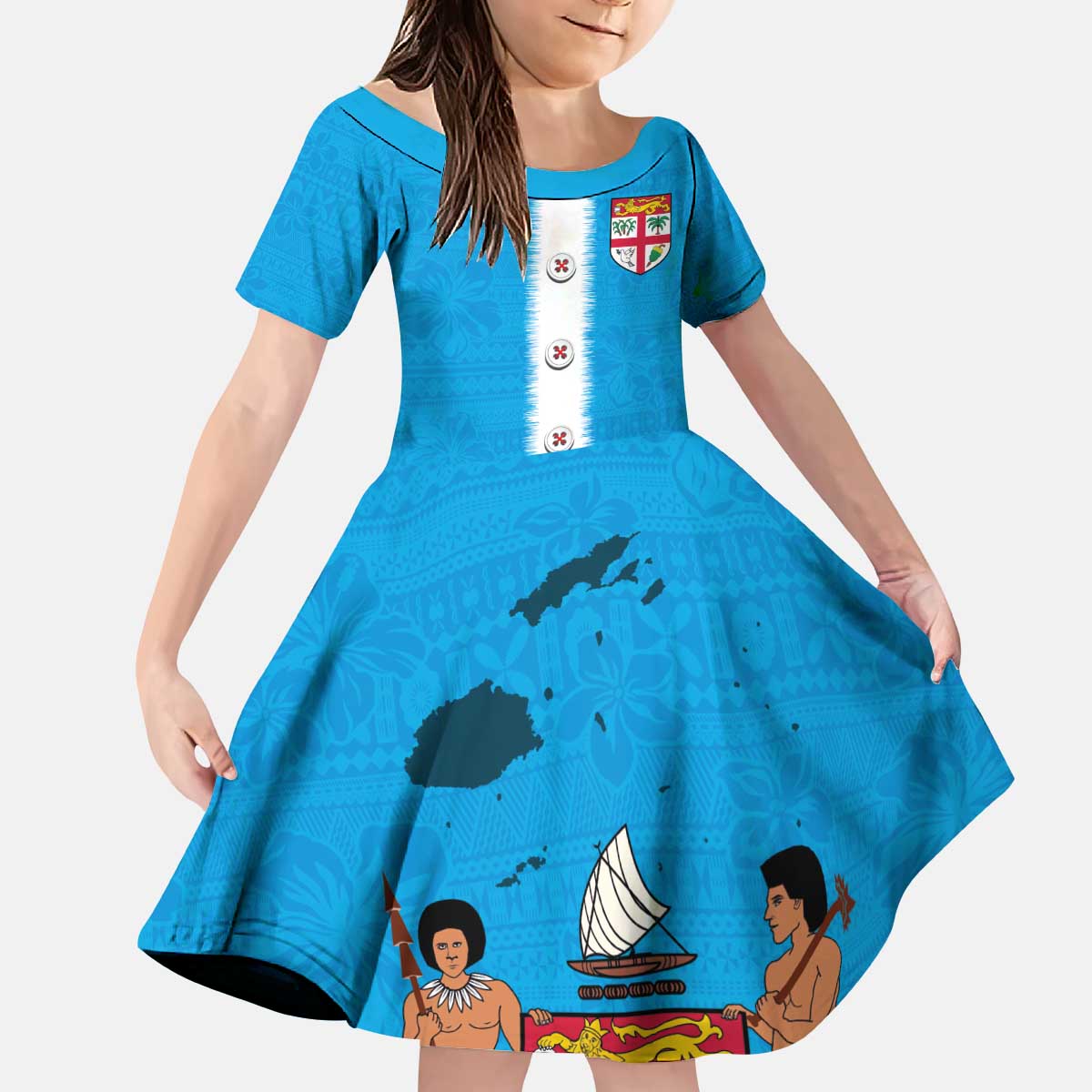 Fiji Merry Christmas Kid Short Sleeve Dress Santa Suit Style With Tapa Tribal Pattern LT03 KID Blue - Polynesian Pride
