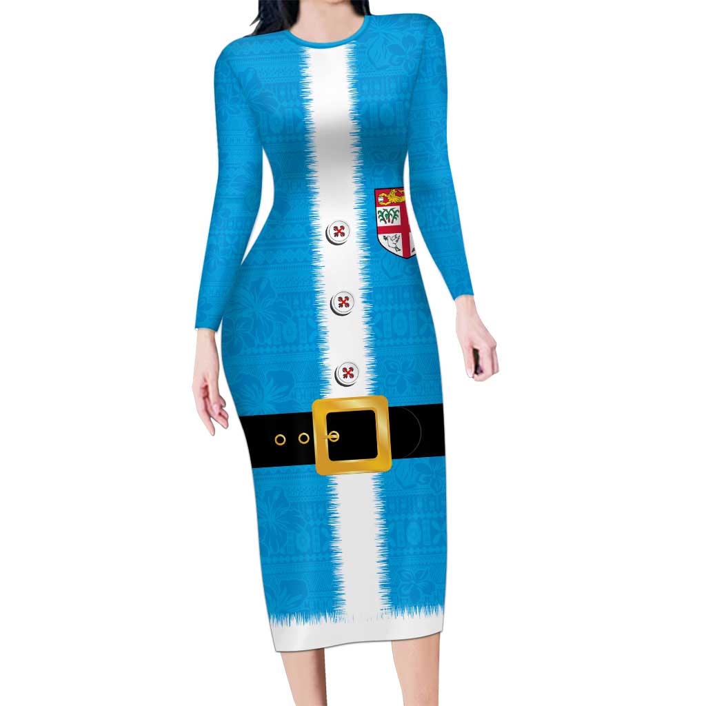 Fiji Merry Christmas Long Sleeve Bodycon Dress Santa Suit Style With Tapa Tribal Pattern LT03 Long Dress Blue - Polynesian Pride