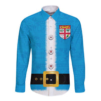 Fiji Merry Christmas Long Sleeve Button Shirt Santa Suit Style With Tapa Tribal Pattern LT03 Unisex Blue - Polynesian Pride