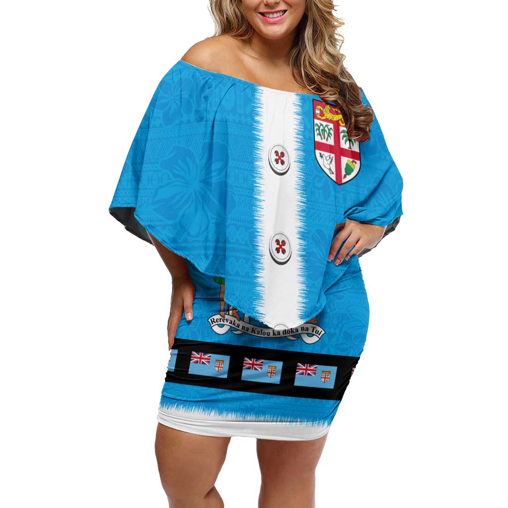 Fiji Merry Christmas Off Shoulder Short Dress Santa Suit Style With Tapa Tribal Pattern LT03 Women Blue - Polynesian Pride