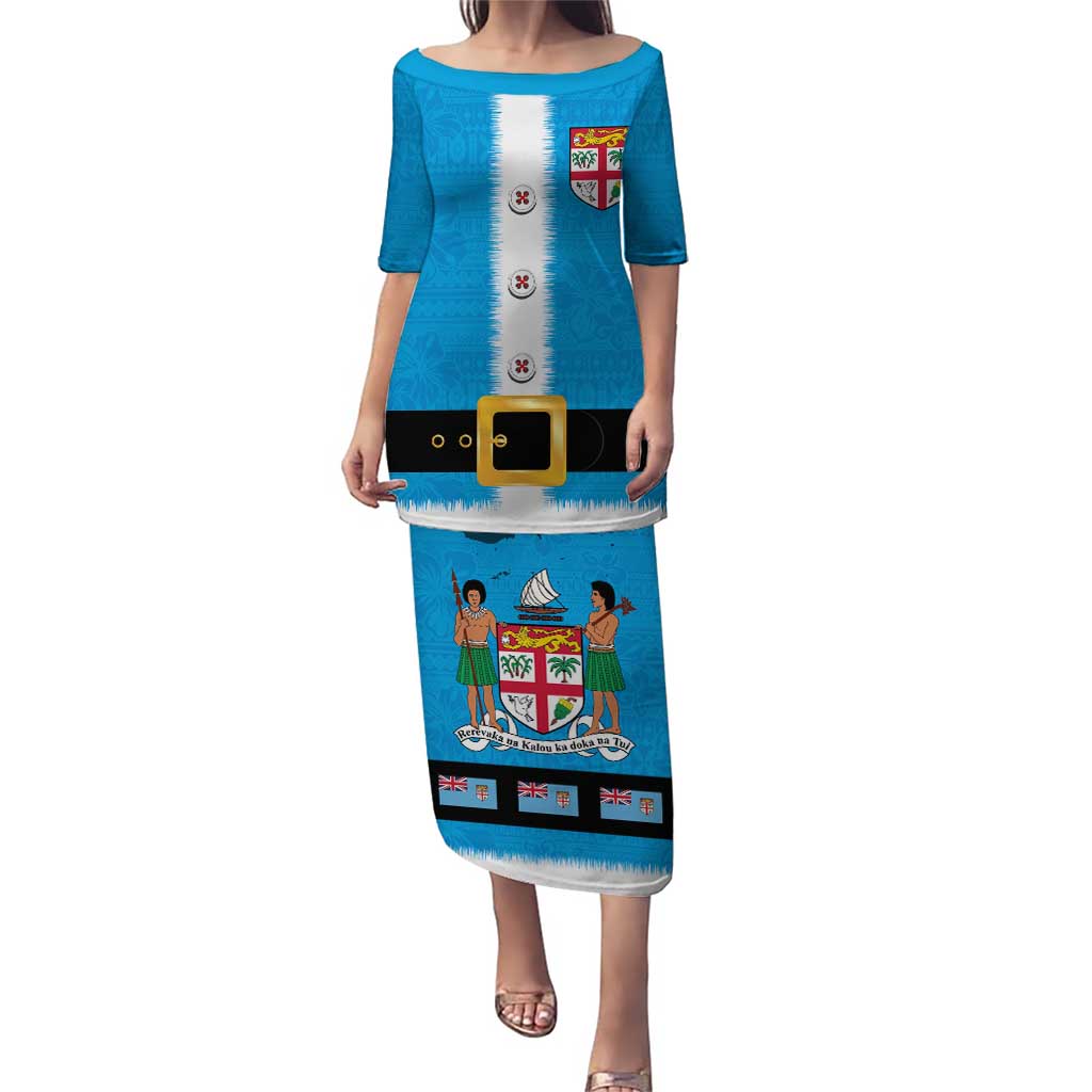 Fiji Merry Christmas Puletasi Santa Suit Style With Tapa Tribal Pattern LT03 Long Dress Blue - Polynesian Pride