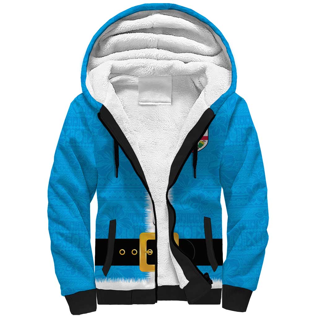 Fiji Merry Christmas Sherpa Hoodie Santa Suit Style With Tapa Tribal Pattern LT03 Unisex Blue - Polynesian Pride