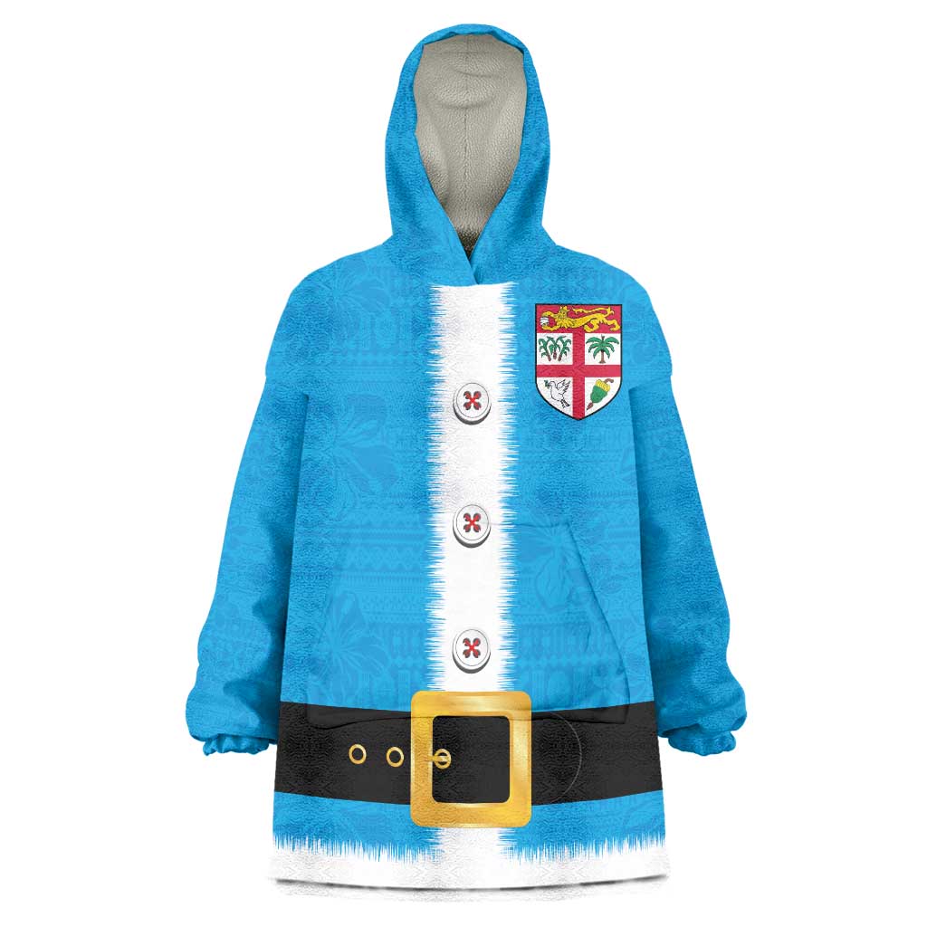 Fiji Merry Christmas Wearable Blanket Hoodie Santa Suit Style With Tapa Tribal Pattern LT03 One Size Blue - Polynesian Pride