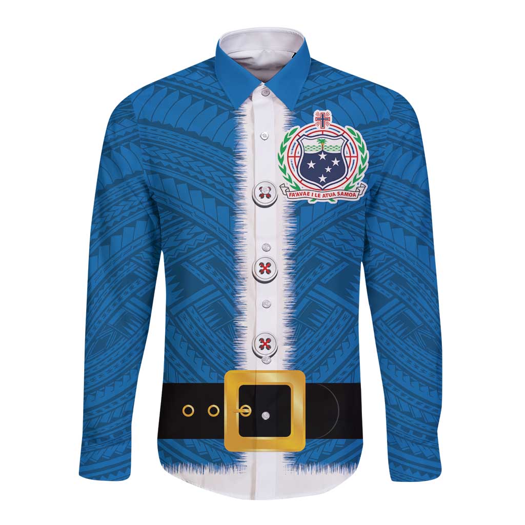 Samoa Merry Christmas Long Sleeve Button Shirt Santa Suit Style With Tatau Tattoo Pattern LT03 Unisex Blue - Polynesian Pride