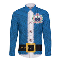 Samoa Merry Christmas Long Sleeve Button Shirt Santa Suit Style With Tatau Tattoo Pattern LT03 Unisex Blue - Polynesian Pride