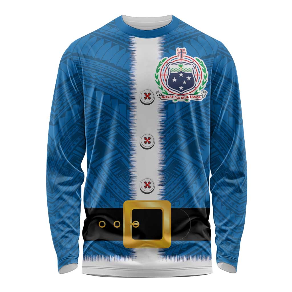 Samoa Merry Christmas Long Sleeve Shirt Santa Suit Style With Tatau Tattoo Pattern LT03 Unisex Blue - Polynesian Pride